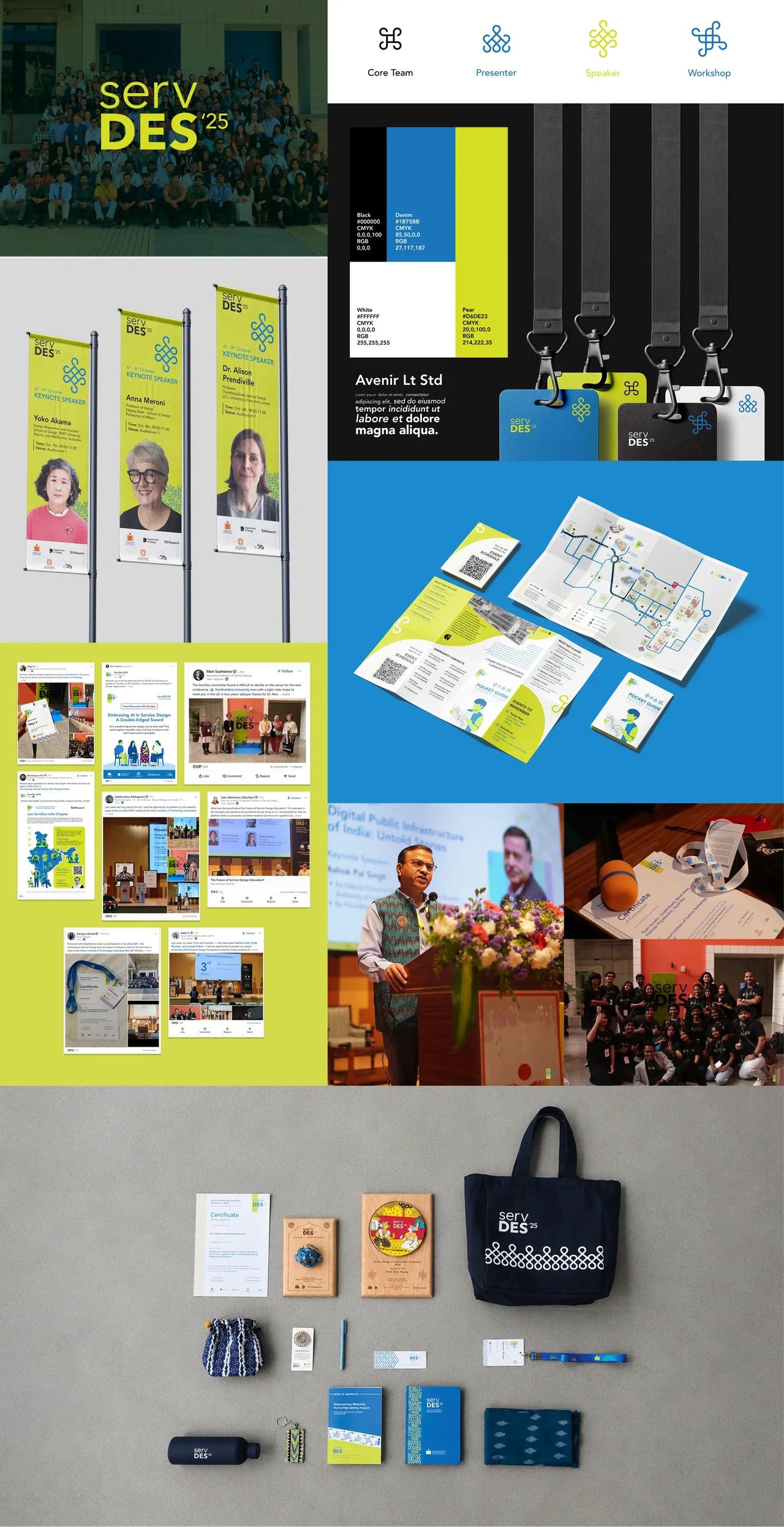 Servdes'25 conference identity applied to signage, banners, schedules, printed programmes, delegate kits and social graphics, alongside photographs from the event.