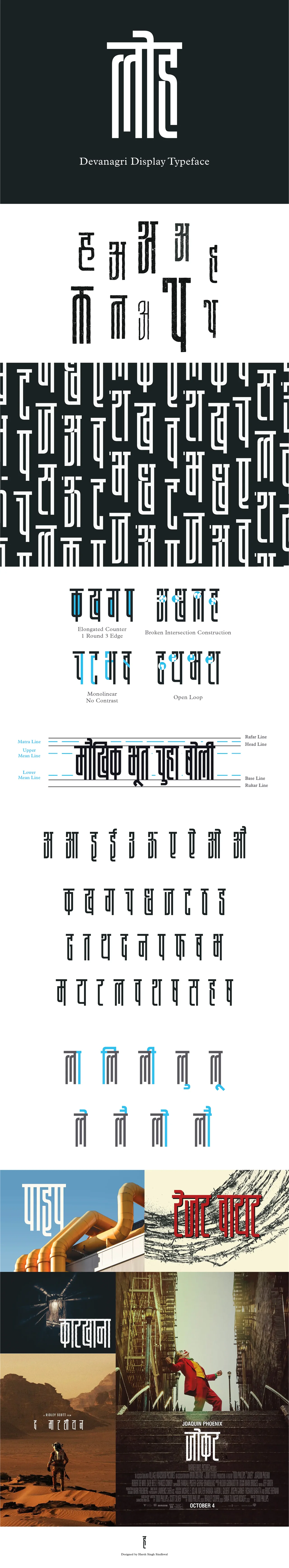 Loh Devanagri Display type specimen showing the condensed letterforms, character construction, glyph variations and poster applications.
