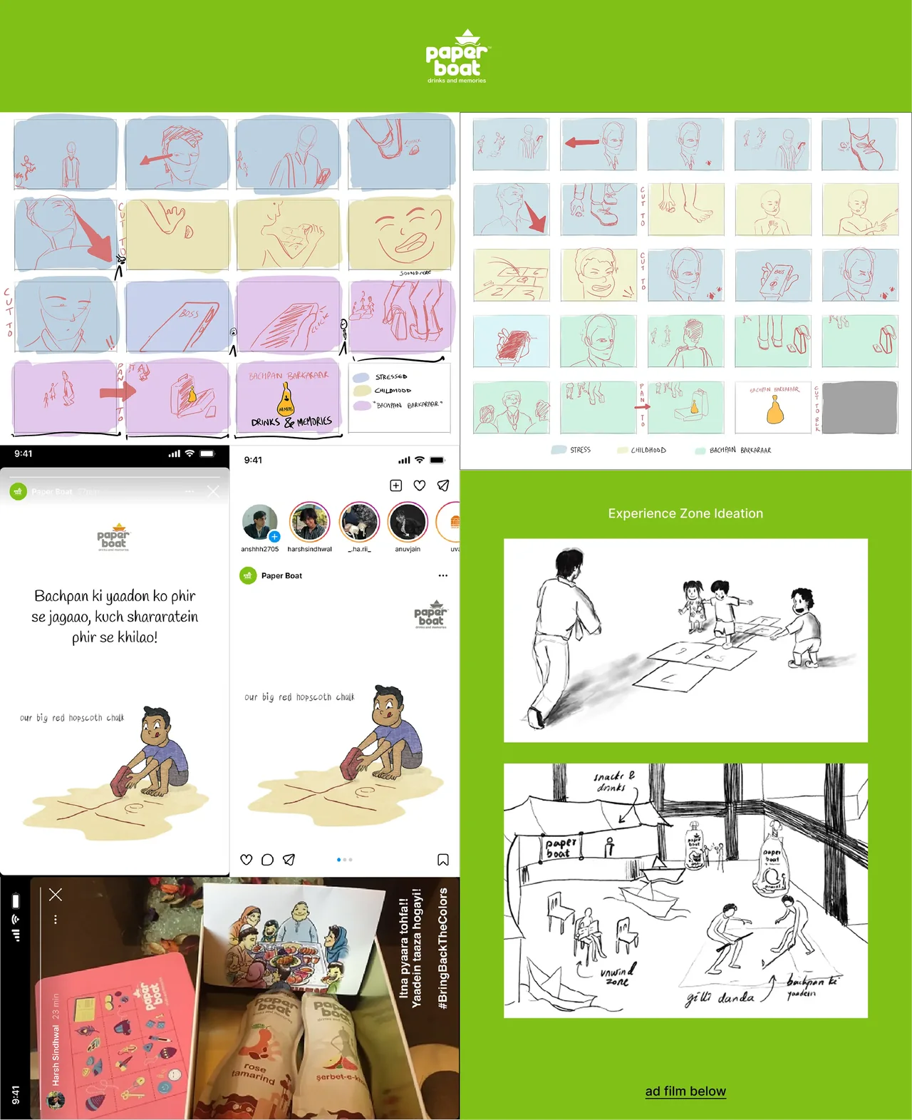 Paper Boat Bachpan Barkaraar campaign development with illustrated storyboards, advertising concepts, production sketches and stills from the film.