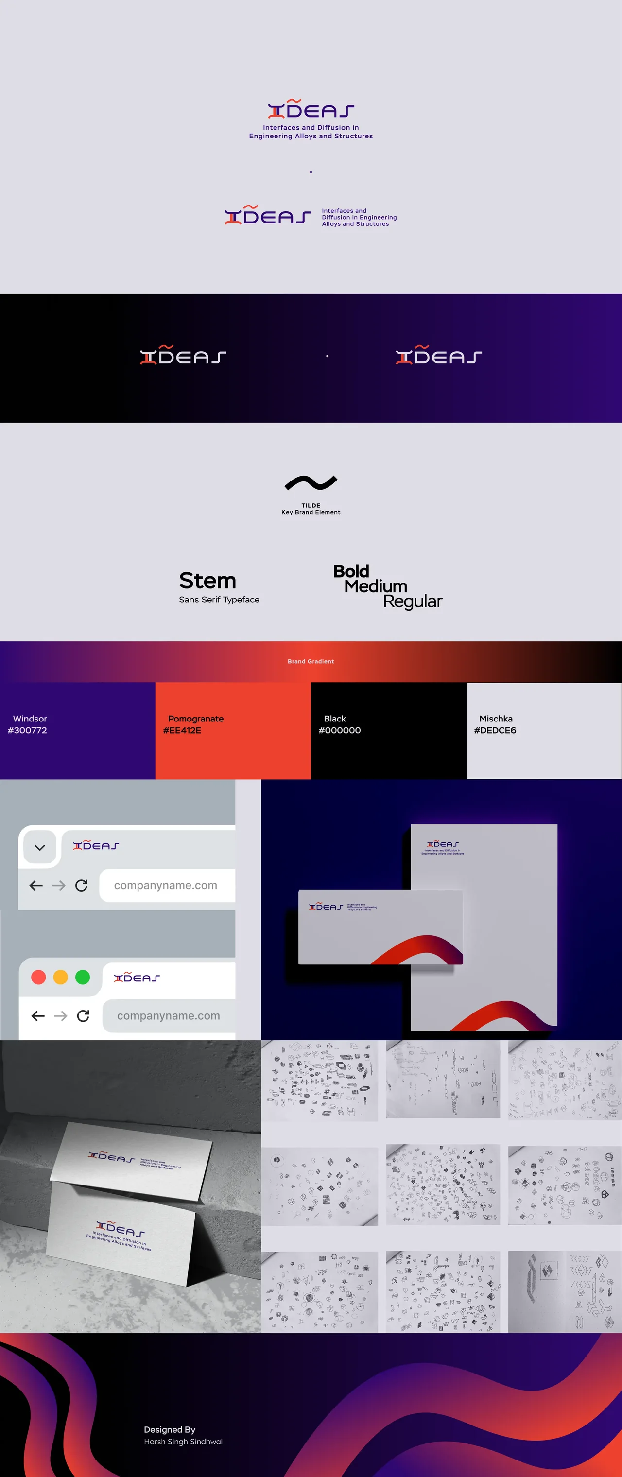 IDEAS Research Group identity system showing logo variations, letterform construction, a purple and orange palette, stationery and abstract graphic patterns.