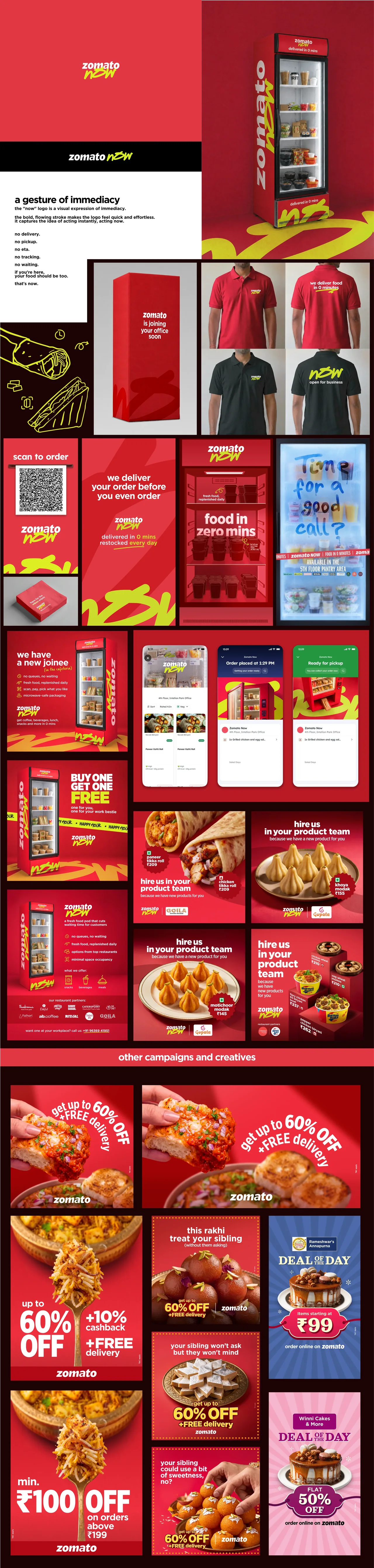 Zomato Now identity and marketing applications: logo, vending machine, staff T-shirts, packaging, social posts and food promotion layouts in red and yellow.